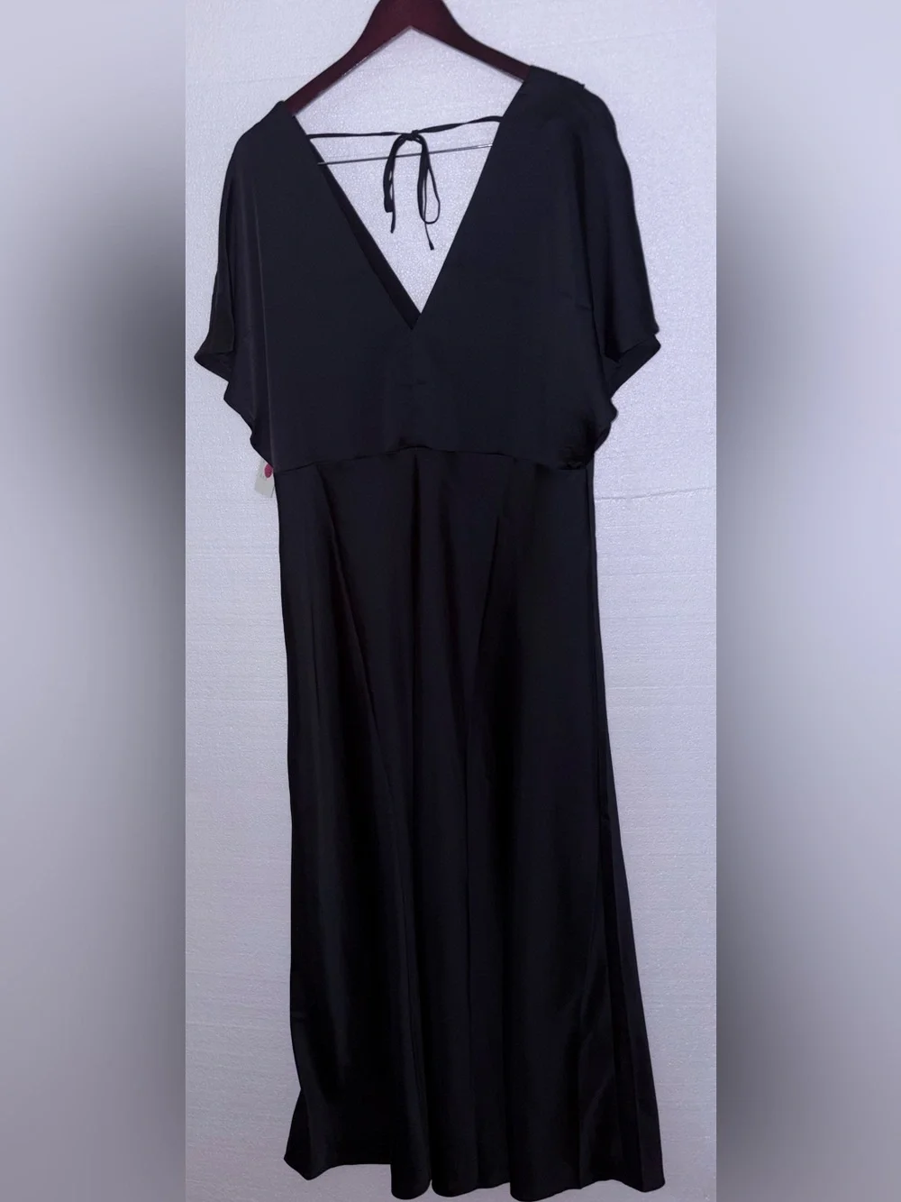 A New Day Flutter Sleeve Black Satin V-Neck Slip Dress